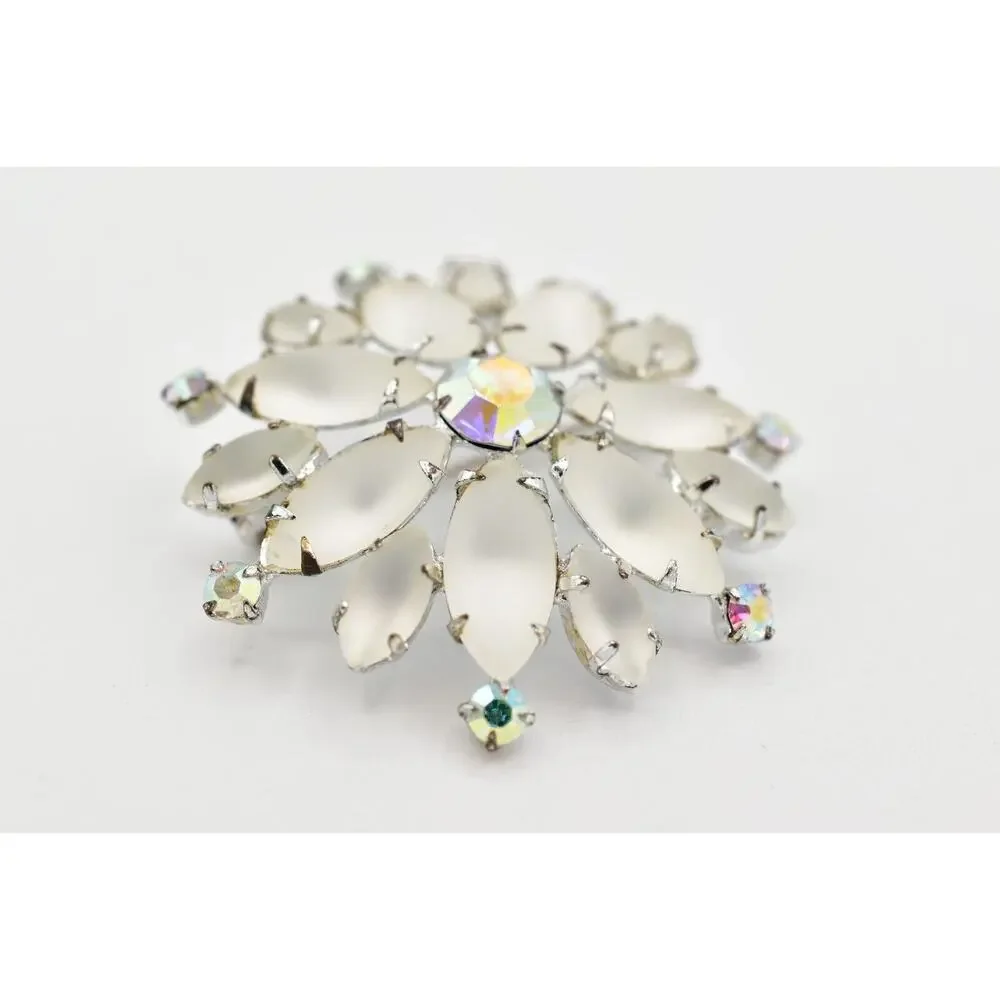 Vintage Crystal Flower Pin Brooch Frosted AB Rhinestone Prong Silver 1990s BinBG